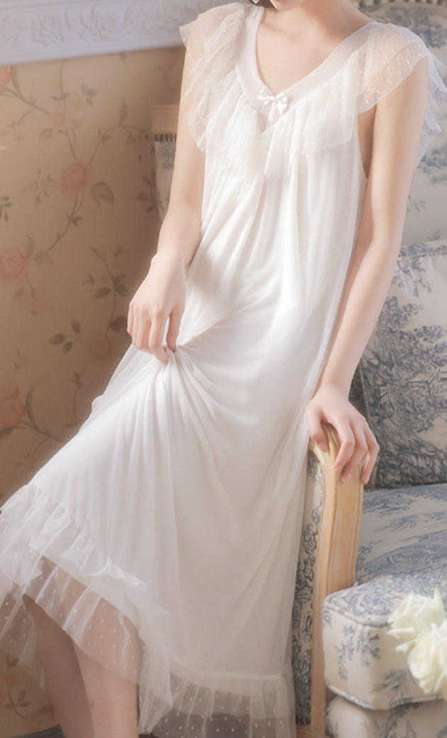White French Vintage Ruffle Nightdress – Elegant Long Sleepwear for Women - SKU#36