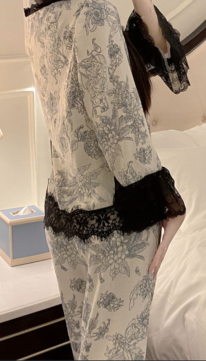 Elegant Floral Lace Trim Pyjama Set โ White & Black - SKU #18