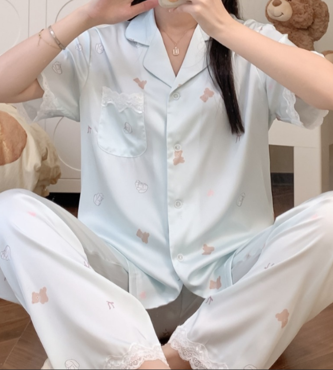 Mint Teddy & Bunny Satin Pajama Set – Cute Short Sleeve Summer Sleepwear - SKU#29