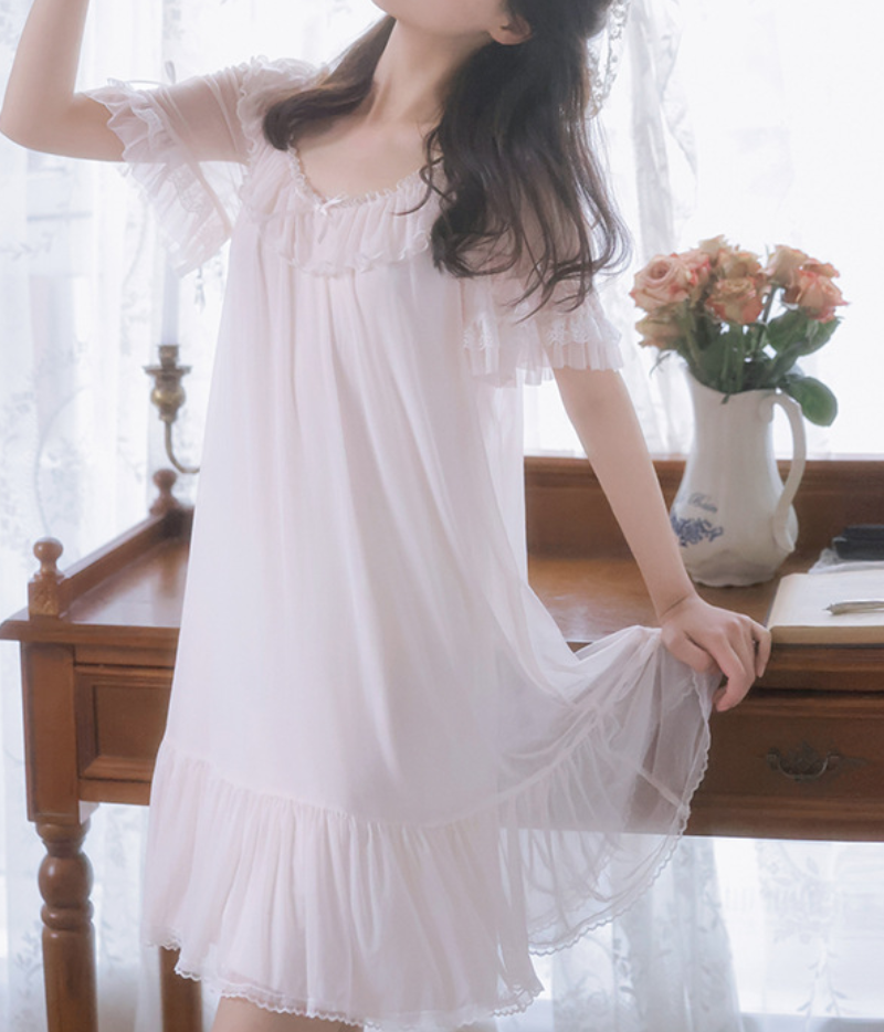 Pink Ruffle Chiffon Nightdress – French Romantic Sleepwear for Women - SKU#35