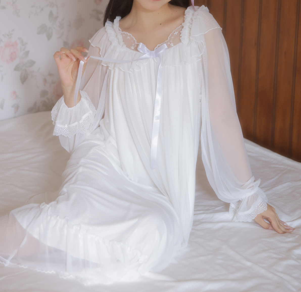 Moonlit Lace Nightdress Set – Dreamy Vintage Elegance - SKU#44