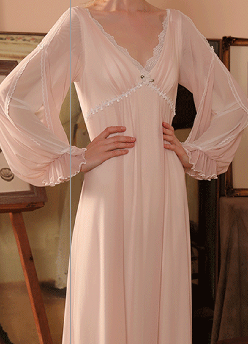 Moonlight Grace Long Nightdress – Pink Vintage Lace Sleepwear Gown - SKU#D10