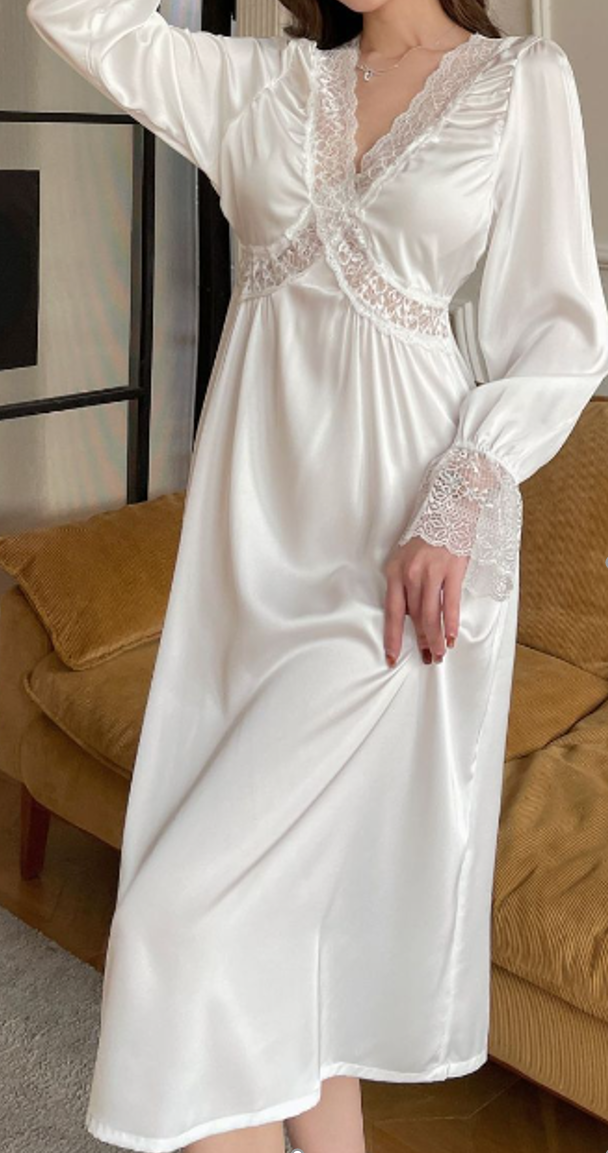 Elegant Satin Lace Long Nightdress – White Sleepwear - SKU#D11-1