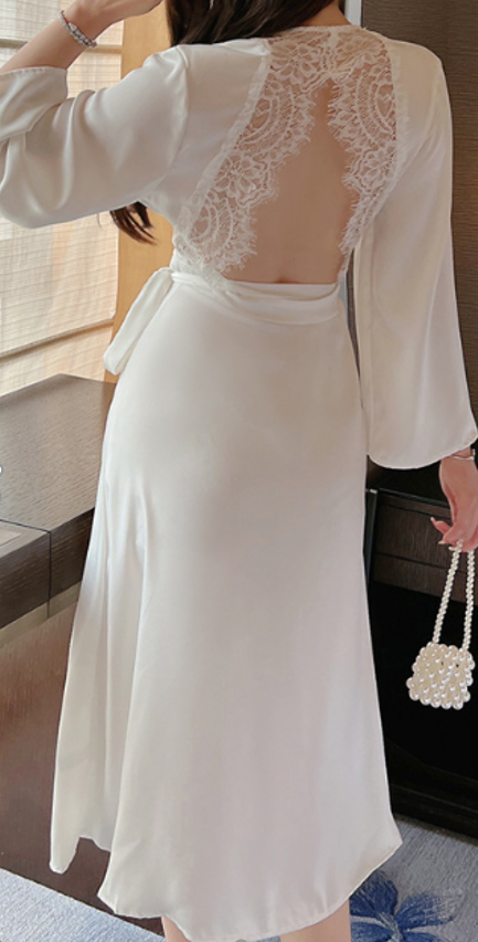 Elegant Lace-Back Satin Long Nightdress – White Silky Sleepwear – SKU#D19