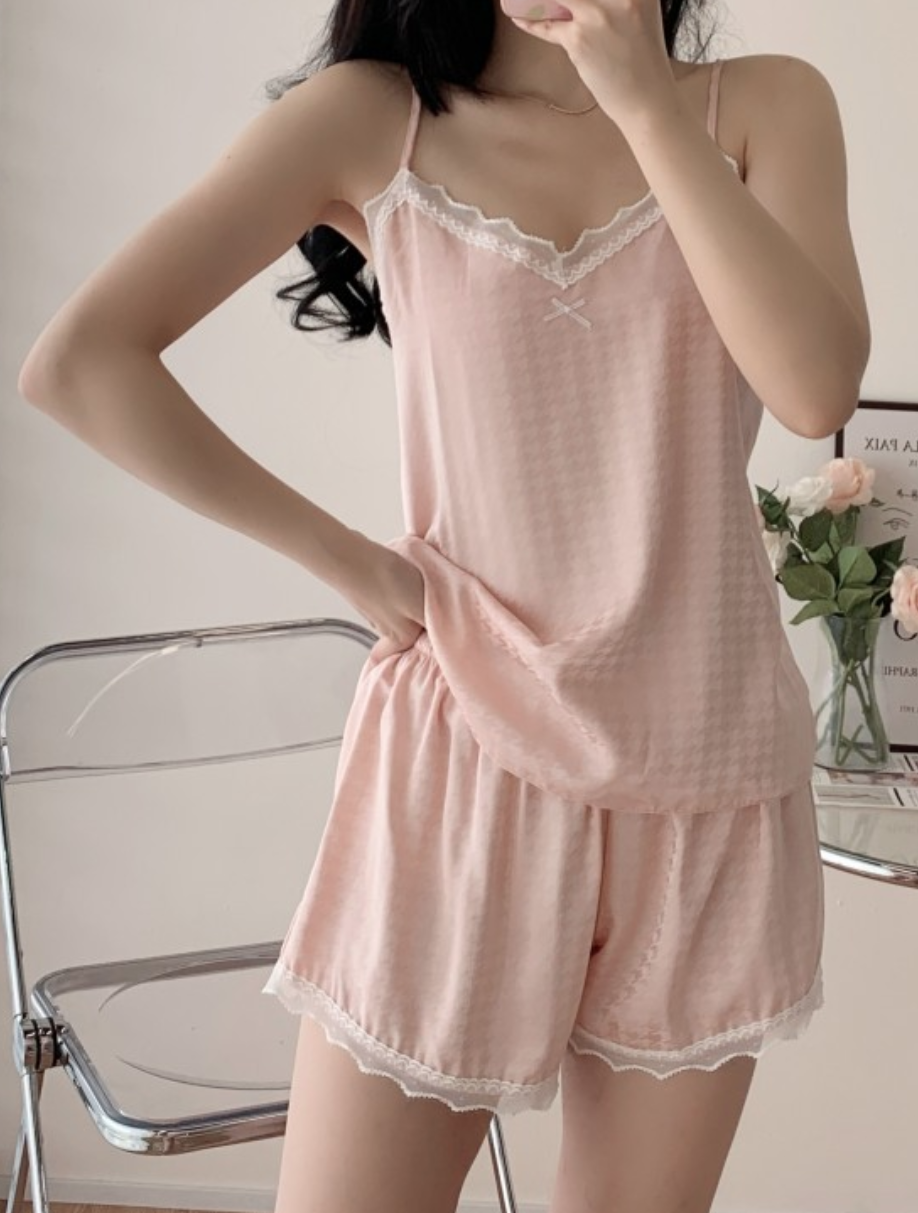 Pink Lace Cami & Shorts Sleepwear Set – Soft Satin Feel Pyjamas - SKU#48