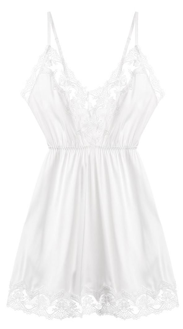Elegant White Lace Satin Nightdress Set – Robe & Chemise Two-Piece Sleepwear - SKU#58