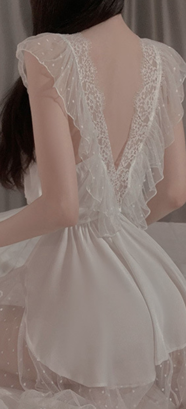 Elegant Lace Mesh Babydoll Nightdress β Sheer Layered Sleepwear (Black / White) - SKU#62