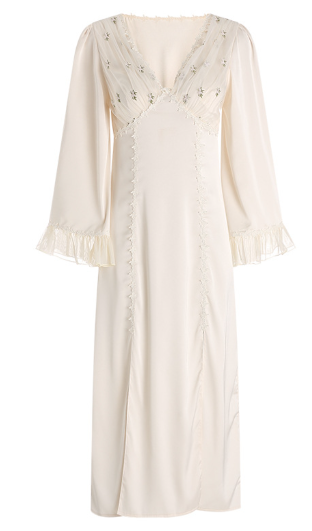 Elegant Champagne Embroidered Long Nightdress - SKU#71
