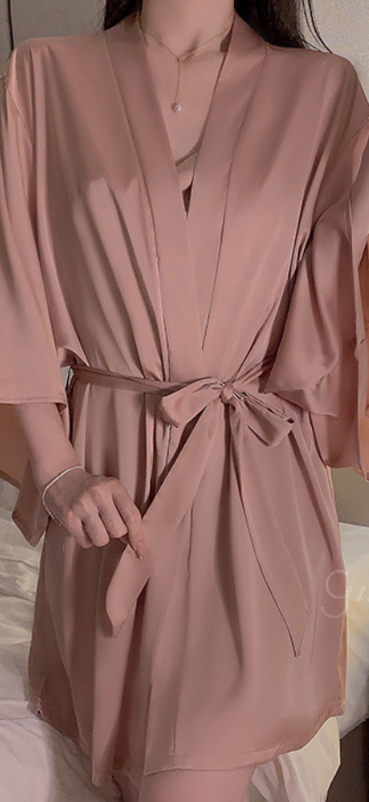 Rose Gold Satin Slip Dress & Robe Set | Polyester & Elastane – SKU# 74