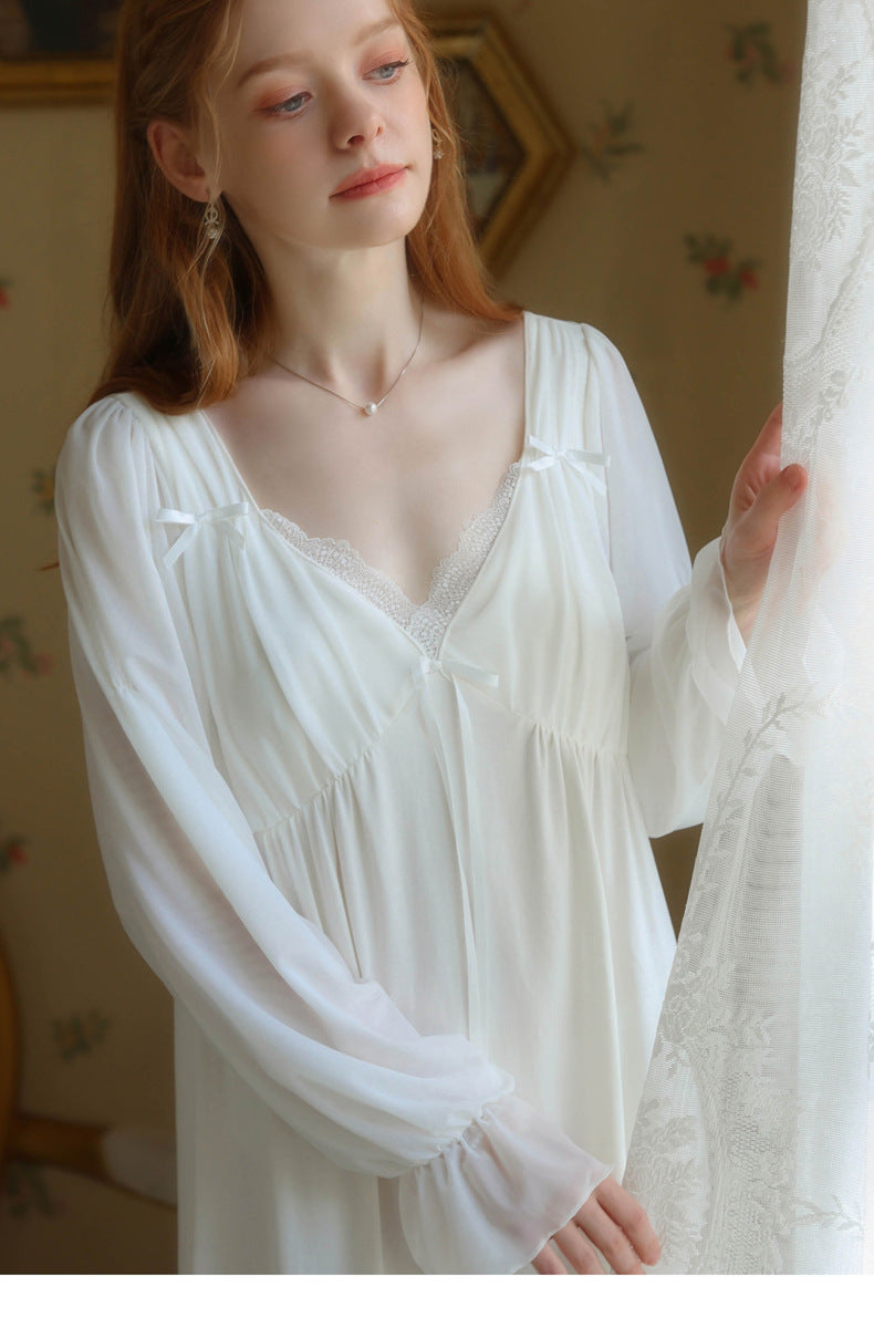 White Elegant Long Sleeve Lace Trim Nightgown - SKU #12