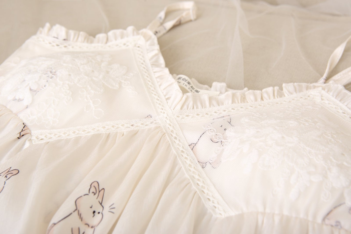 Apricot Bunny Print Lace Nightdress β Pawsy Dreams Sleepwear - SKU #6