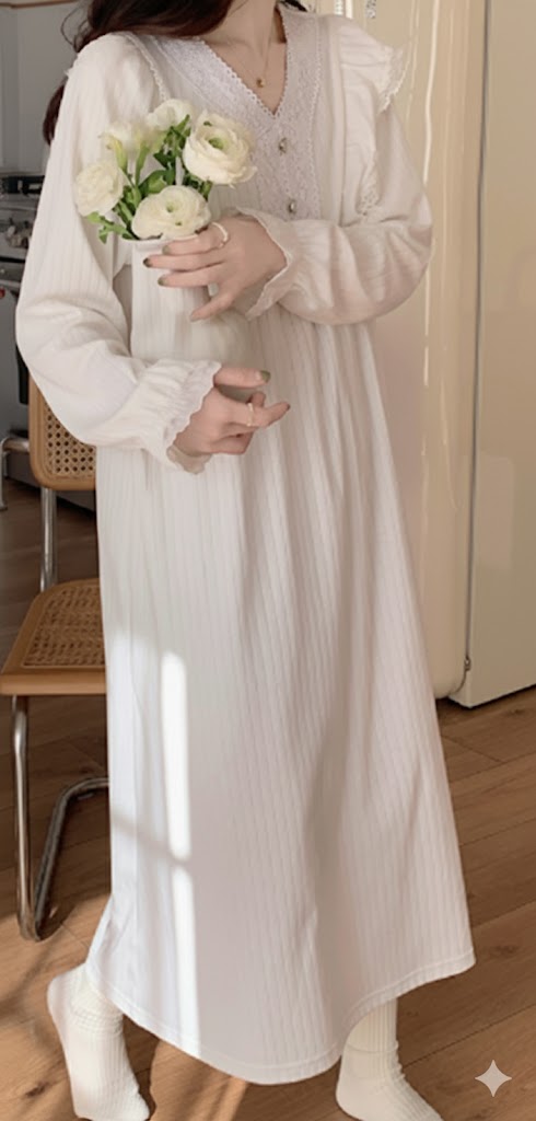 Vintage Lace Trim Long Sleeve Nightdress – White - SKU #D1