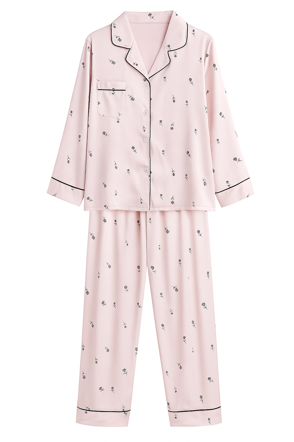 Blush Pink Floral Pajama Set – Soft Satin Long Sleeve Sleepwear - SKU#D4