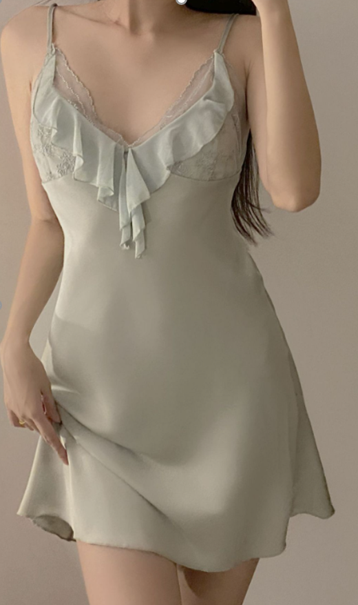 Light Green Ruffled Satin Lace Nightdress – Soft Silky Sleepwear - SKU#D22