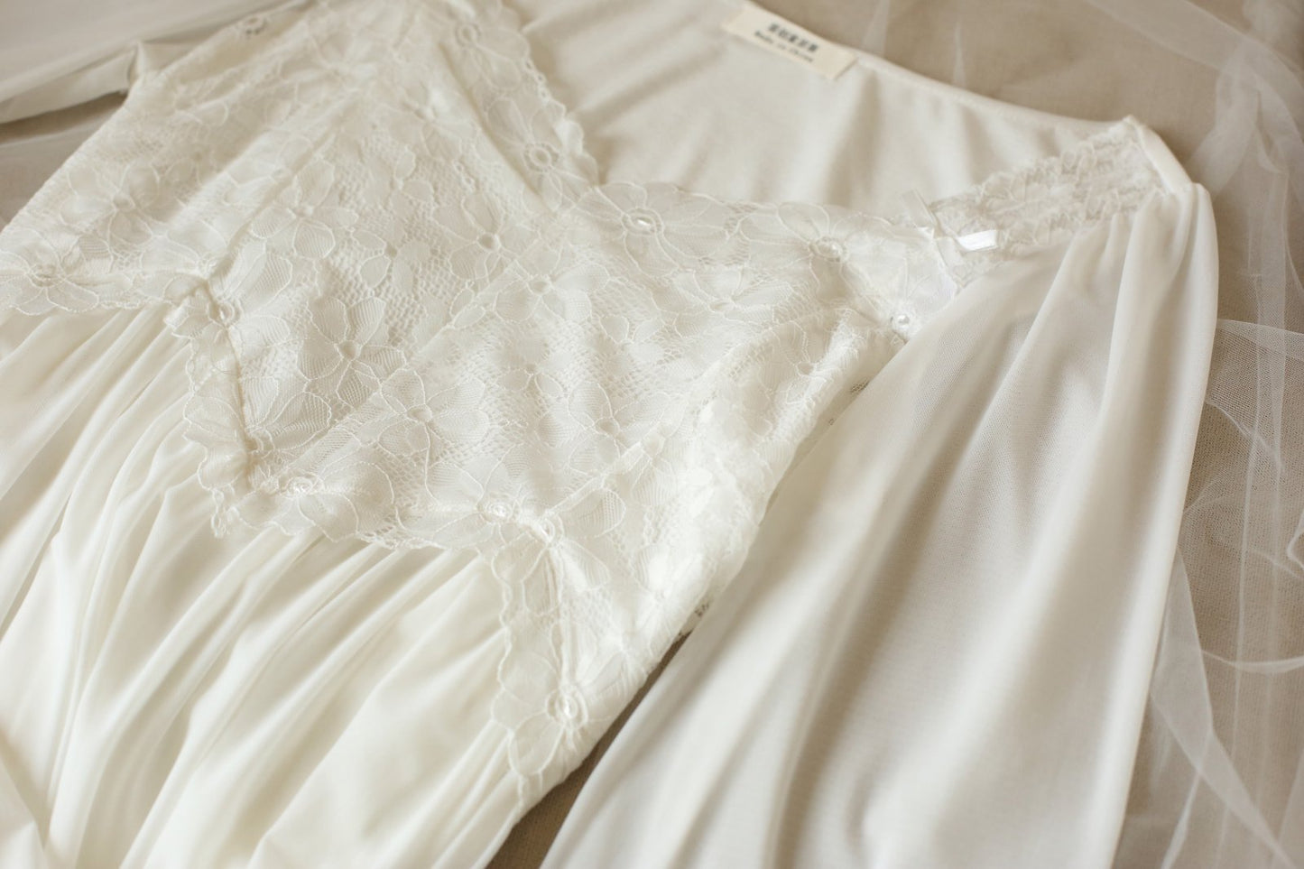 White Vintage Lace Long-Sleeve Nightdress - SKU #4