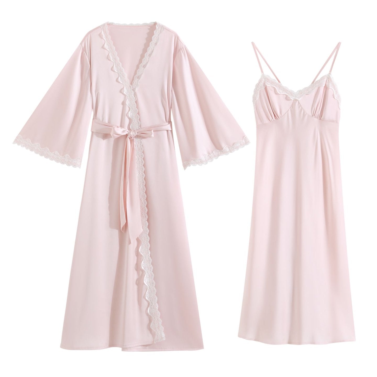 Pink French Satin Lace Nightdress & Robe Set - SKU #3