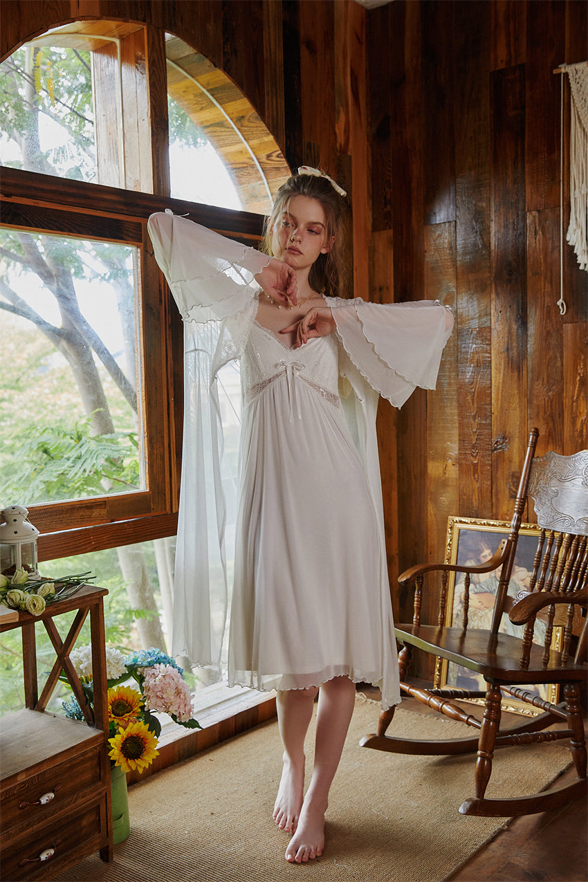 White French Vintage Long Nightdress with Lace Robe Set -SKU#33