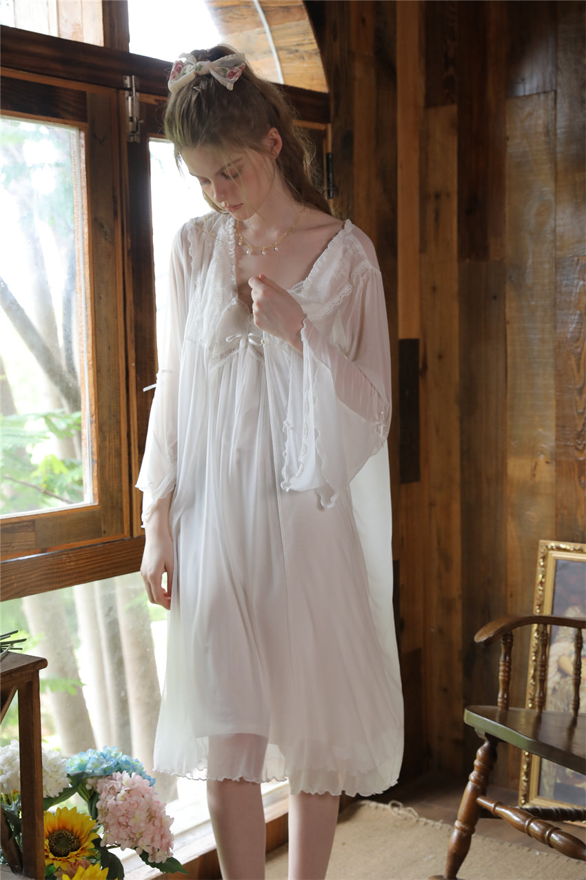 White French Vintage Long Nightdress with Lace Robe Set -SKU#33
