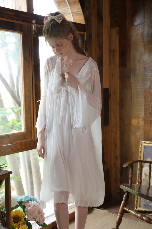 White French Vintage Long Nightdress with Lace Robe Set -SKU#33