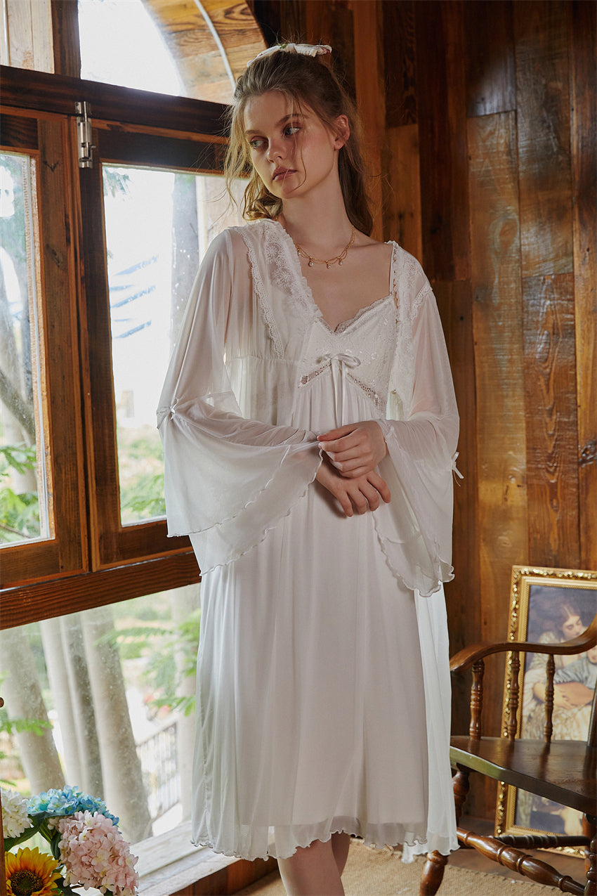 White French Vintage Long Nightdress with Lace Robe Set -SKU#33
