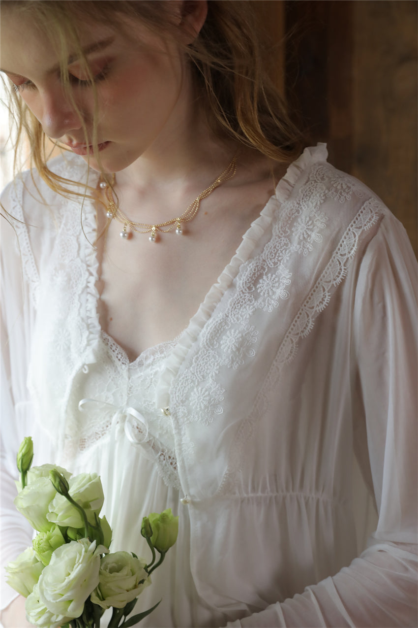 White French Vintage Long Nightdress with Lace Robe Set -SKU#33
