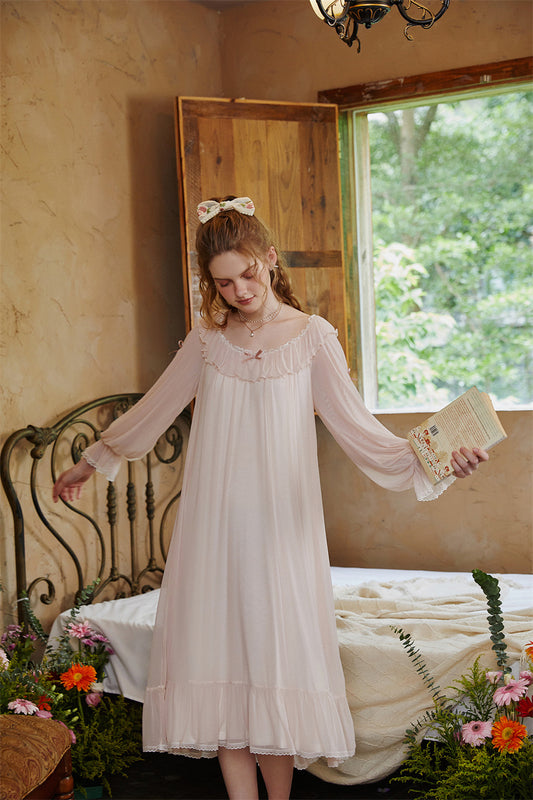 Blush Ruffle Long Nightdress – Vintage Fairycore Sleepwear - SKU#46