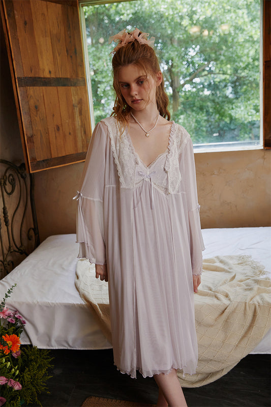 Light Purple French Vintage Long Nightdress with Lace Robe Set -SKU#32