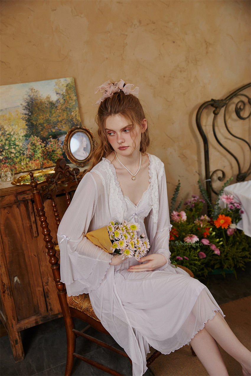 Light Purple French Vintage Long Nightdress with Lace Robe Set -SKU#32