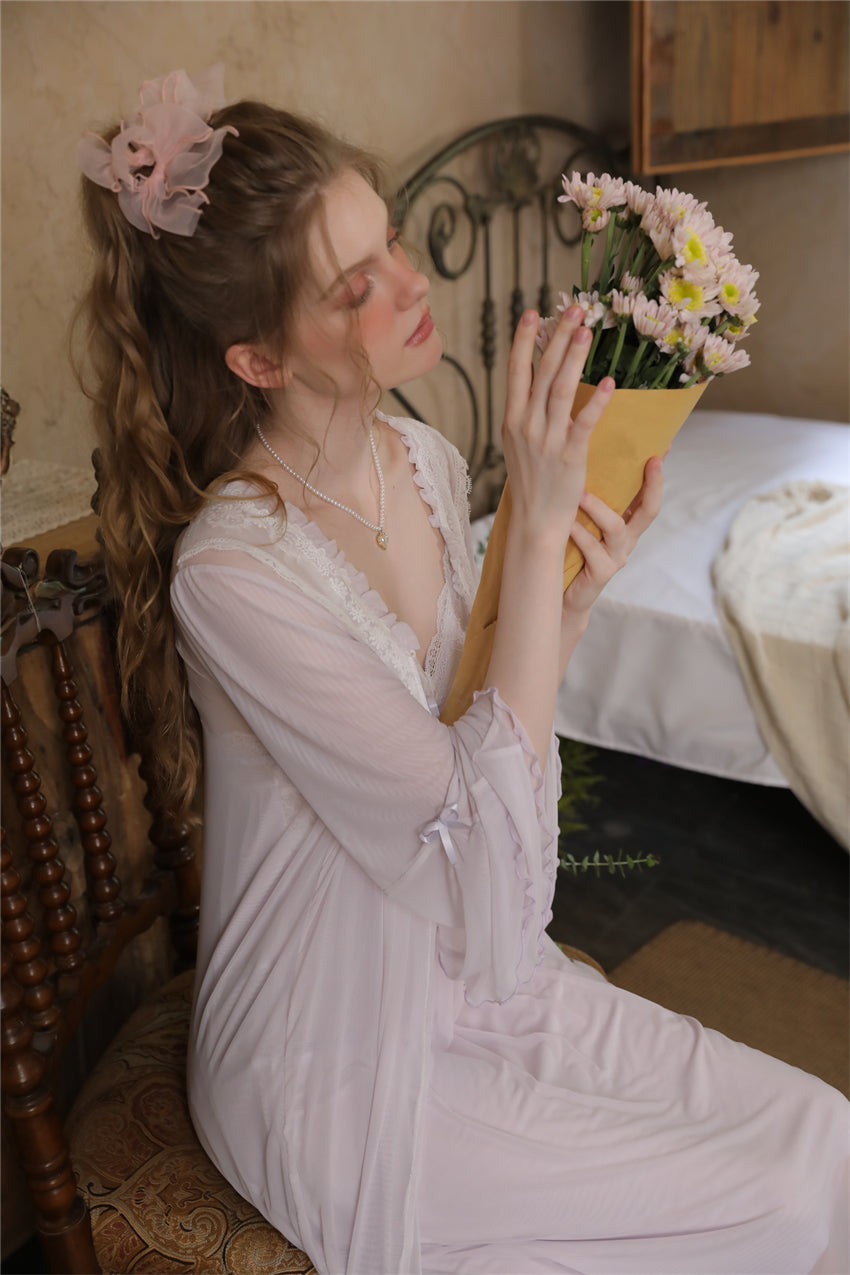 Light Purple French Vintage Long Nightdress with Lace Robe Set -SKU#32
