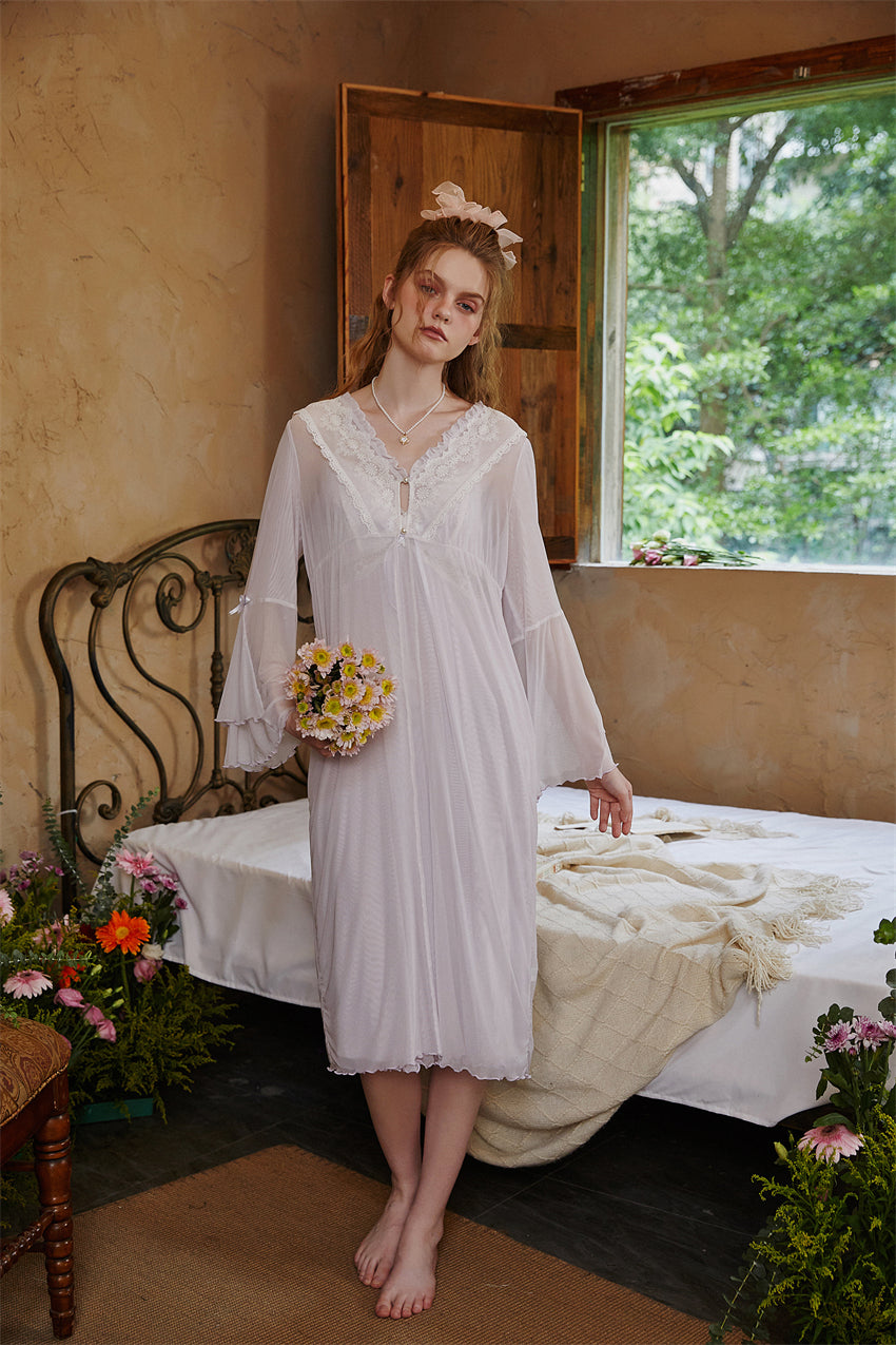Light Purple French Vintage Long Nightdress with Lace Robe Set -SKU#32