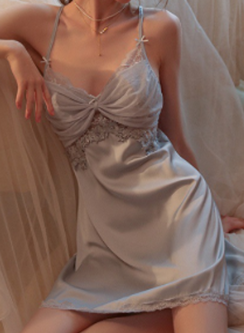 Elegant Light Blue Lace Satin Nightdress – Ice Silk Sleepwear - SKU#D17