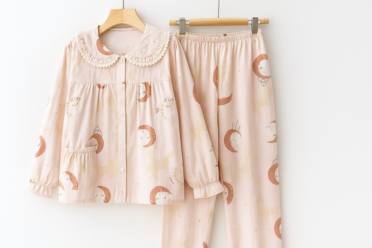 Pink Moon Cotton Pajama Set – Long Sleeve Vintage Sleepwear for Women - SKU#D5
