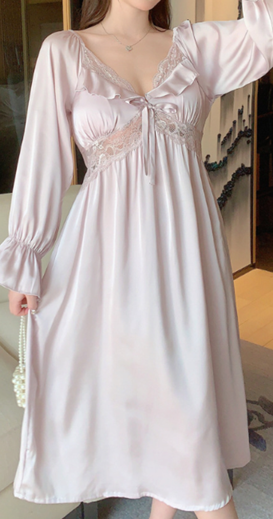 Elegant Long Satin Lace Nightdress – Light Purple Sleepwear - SKU#D18