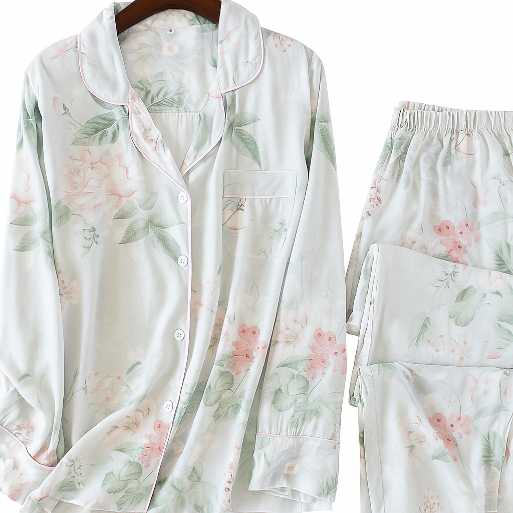 Pastel Floral Satin Pajama Set – Soft & Elegant Sleepwear - SKU #19