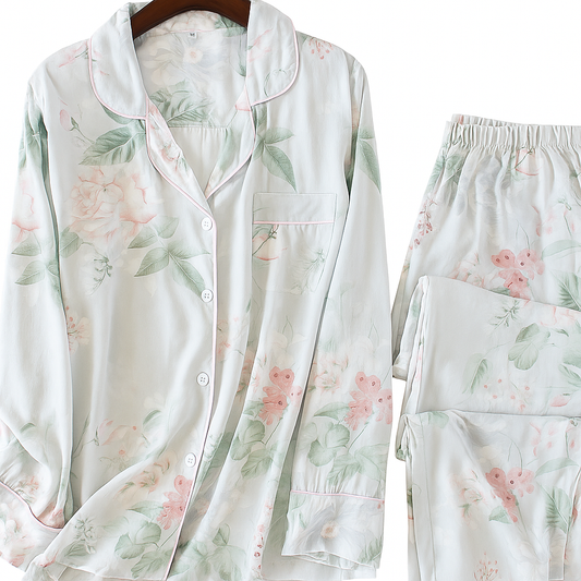 Pastel Floral Satin Pajama Set – Soft & Elegant Sleepwear - SKU #19