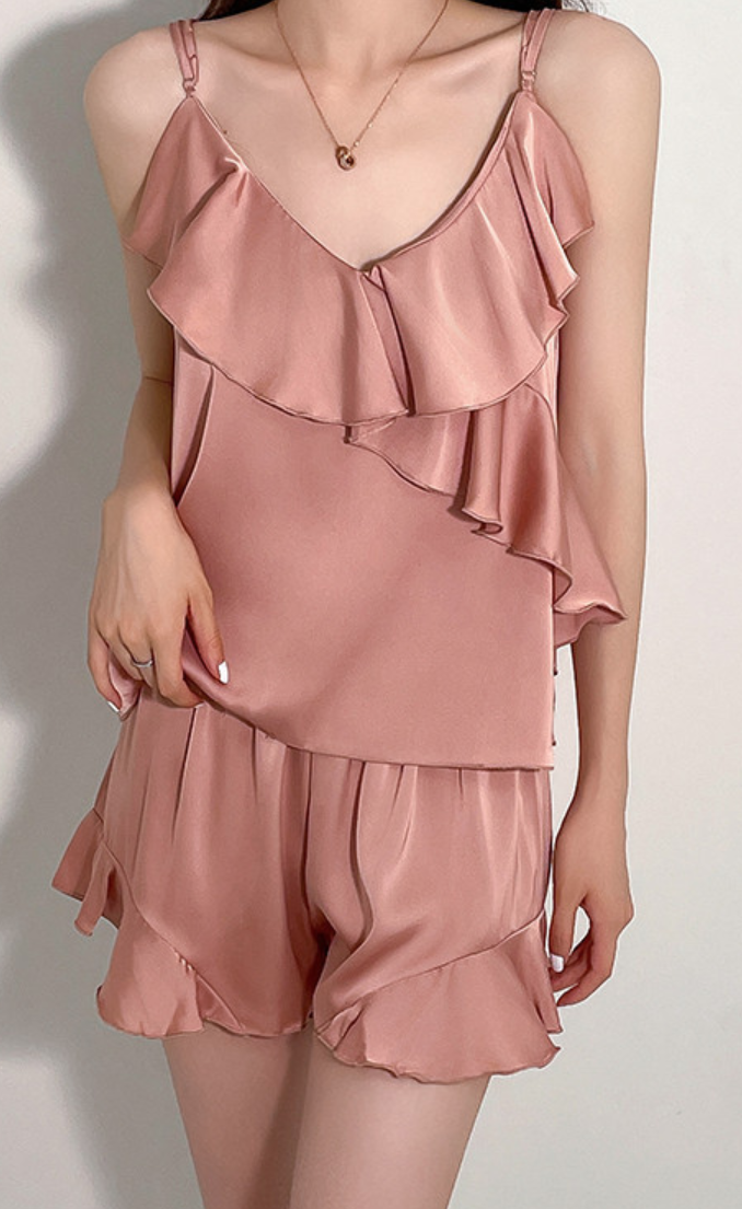 Pink Ruffled Cami & Shorts Sleepwear Set – Soft Satin Feel Pyjamas - SKU#51