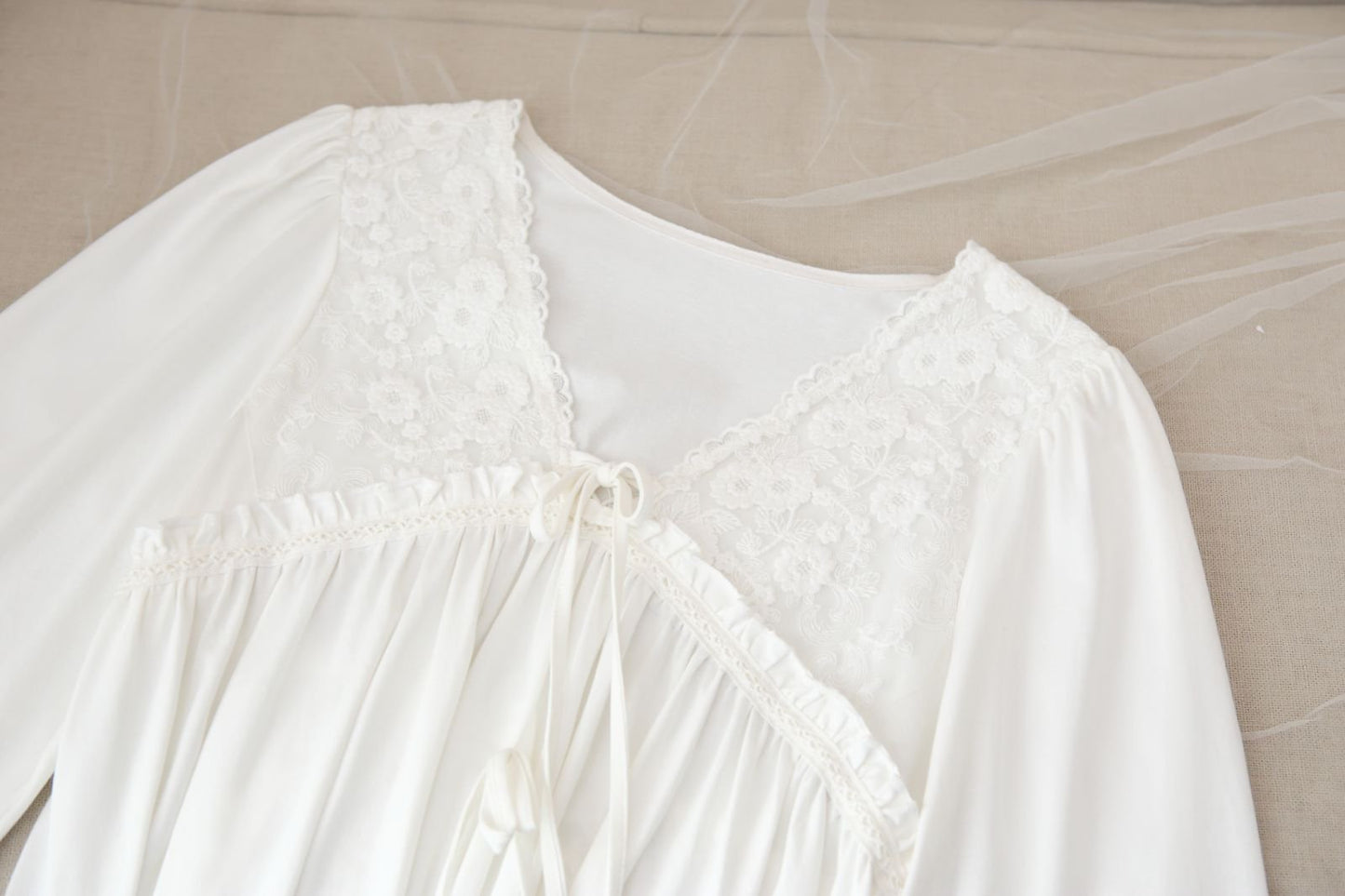 White French Lace Cotton Long Sleeve Nightdress - SKU #2