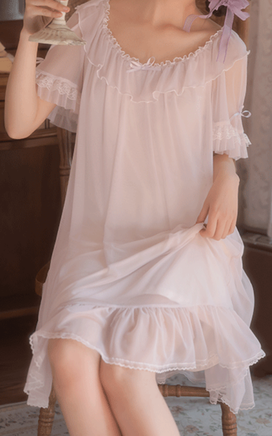 Light Purple Ruffle Chiffon Nightdress – French Romantic Sleepwear for Women - SKU#34