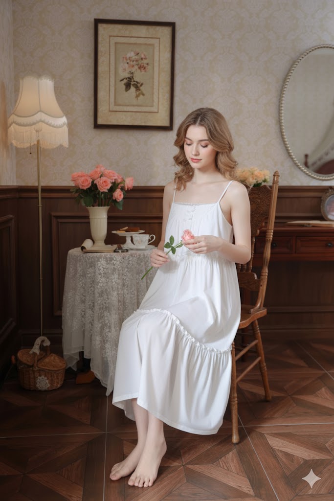 White French Lace Cotton Nightdress - SKU #1