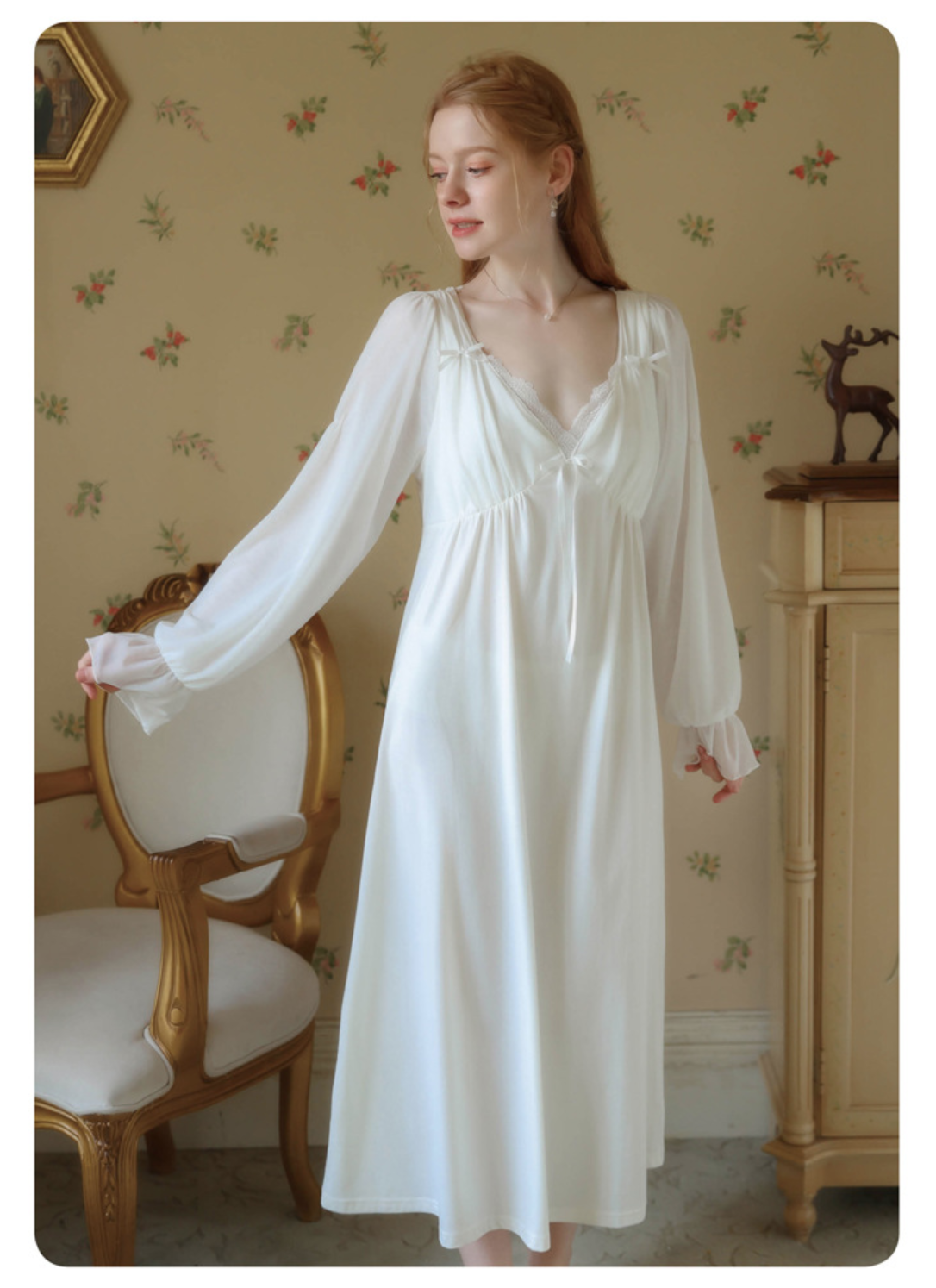 White Elegant Long Sleeve Lace Trim Nightgown - SKU #12