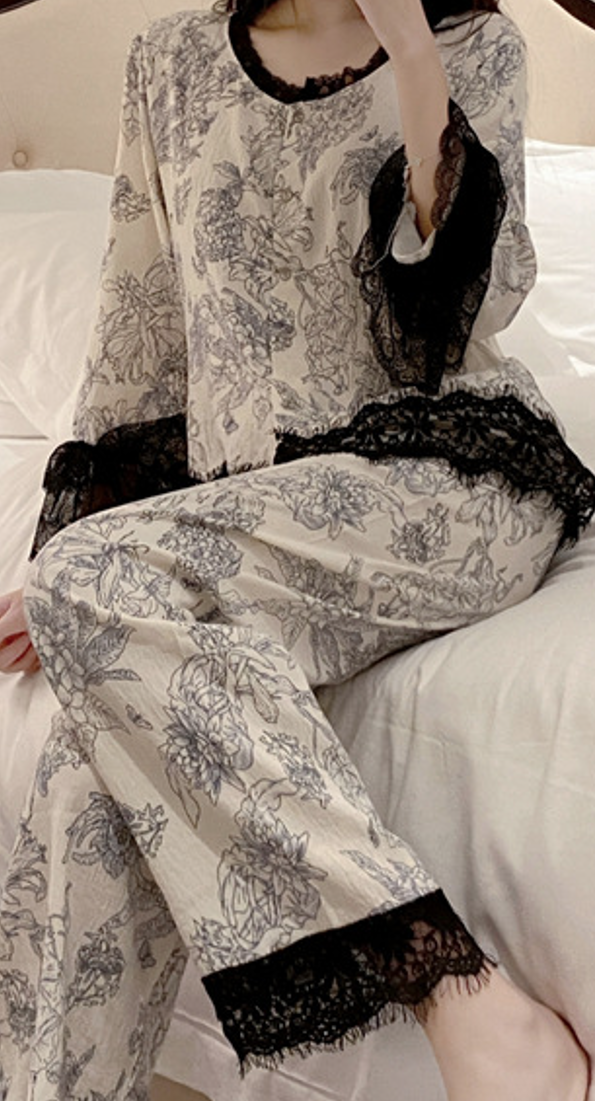 Elegant Floral Lace Trim Pyjama Set – White & Black - SKU #18