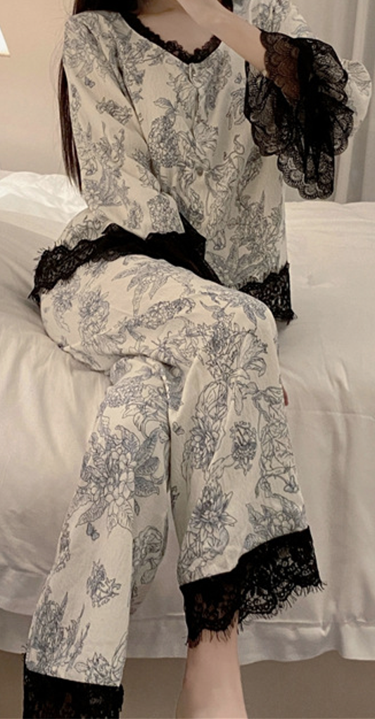 Elegant Floral Lace Trim Pyjama Set – White & Black - SKU #18