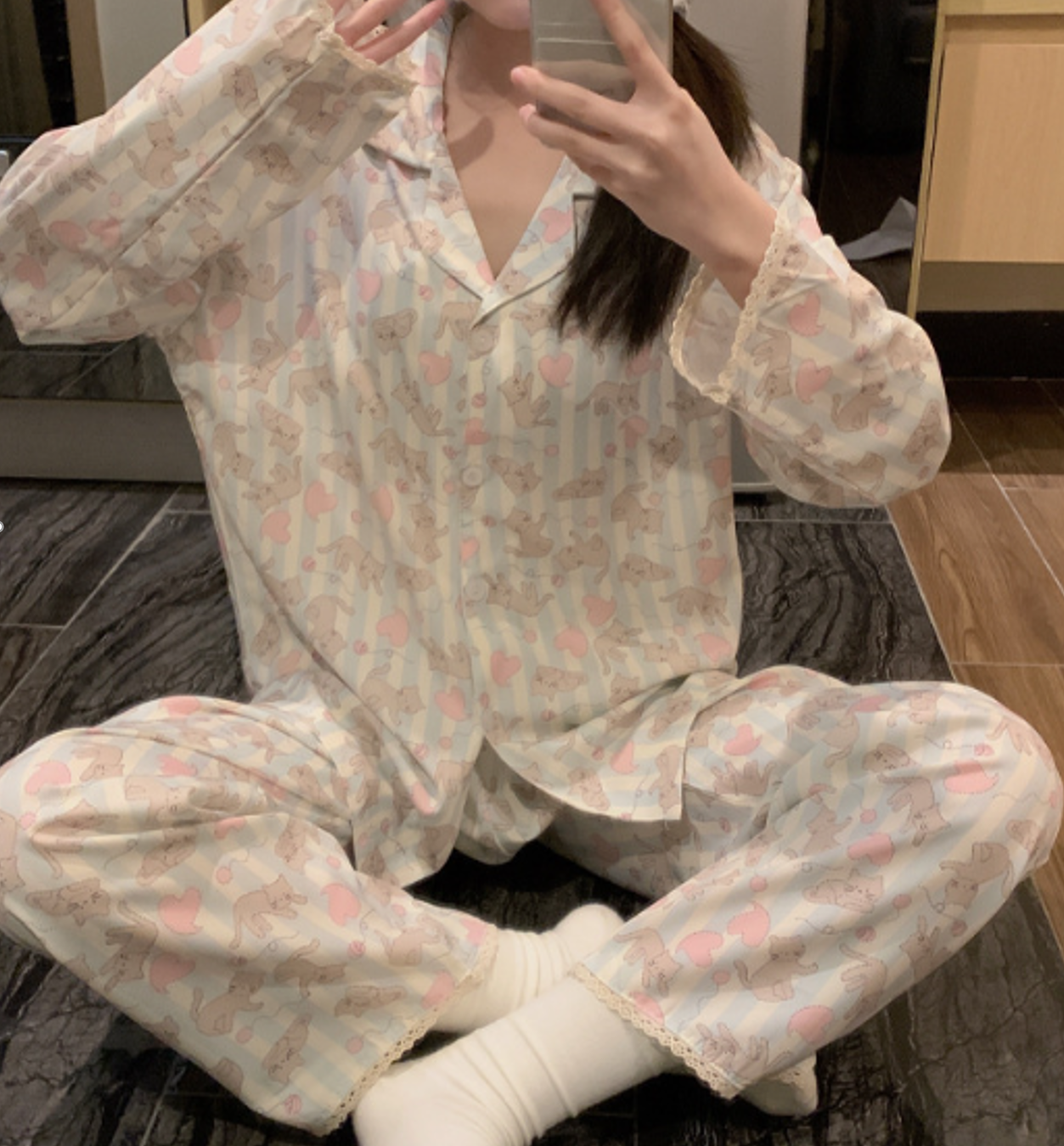 Sweet Kitten Heart Print Cotton Pajama Set – Pastel Blue & Pink - SKU #D2