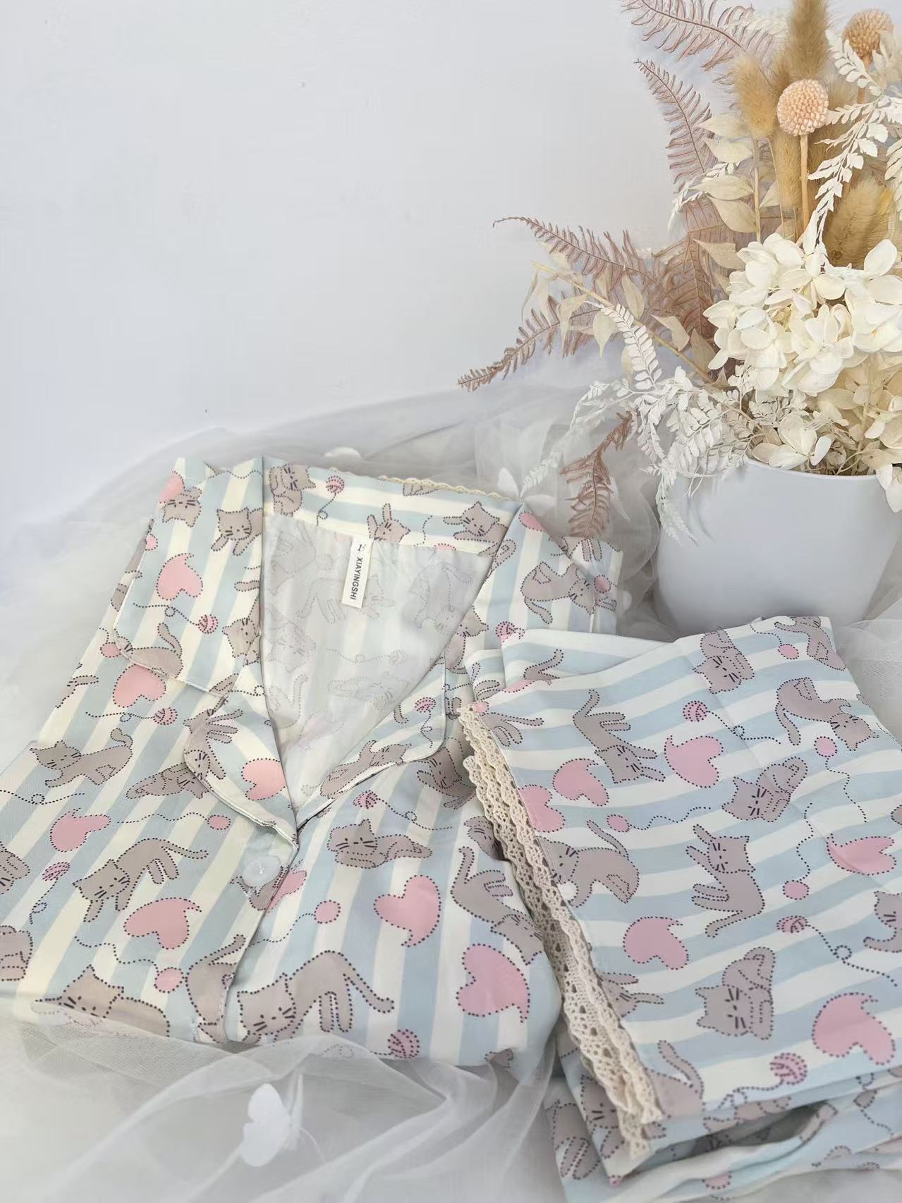 Sweet Kitten Heart Print Cotton Pajama Set – Pastel Blue & Pink - SKU #D2