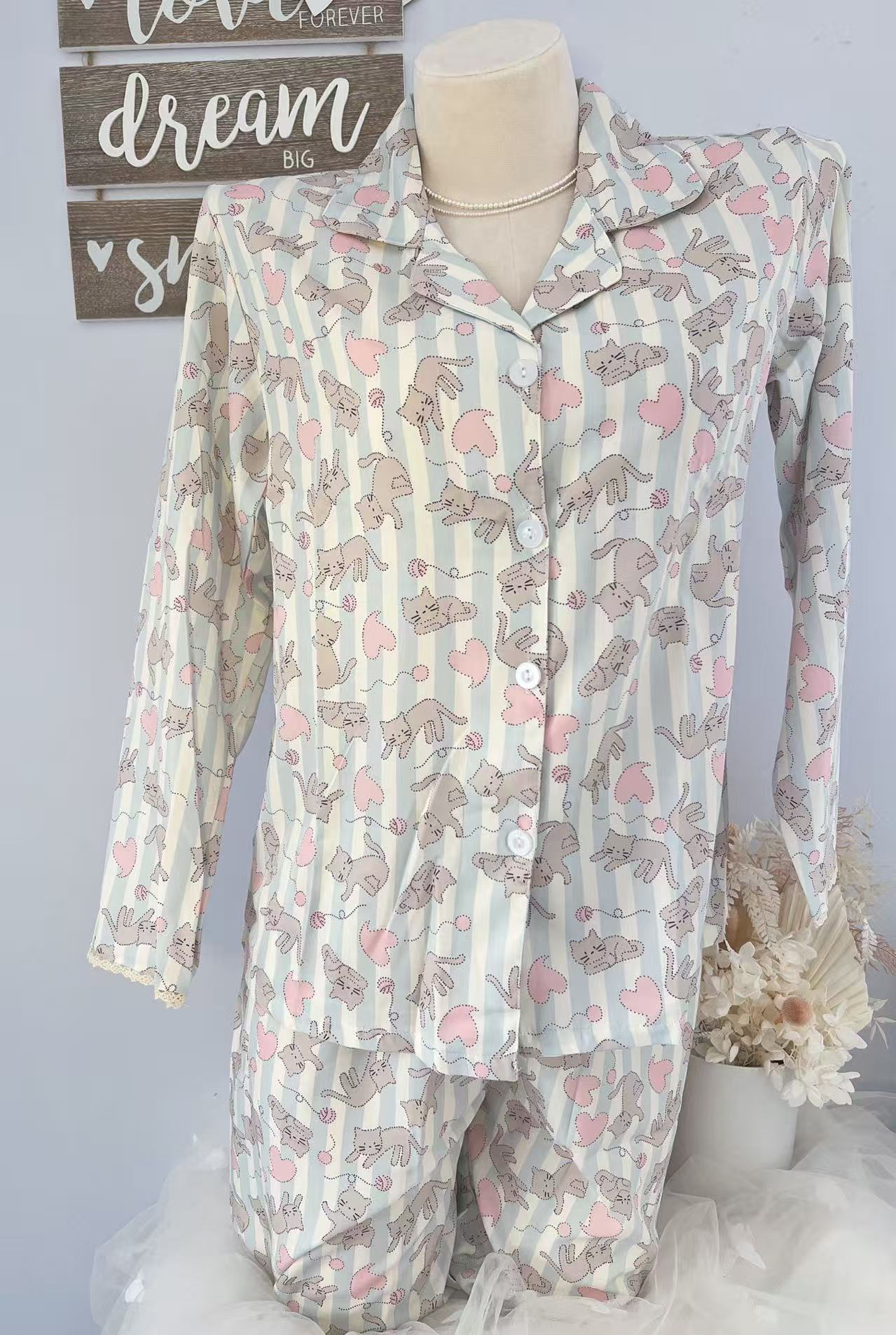 Sweet Kitten Heart Print Cotton Pajama Set – Pastel Blue & Pink - SKU #D2