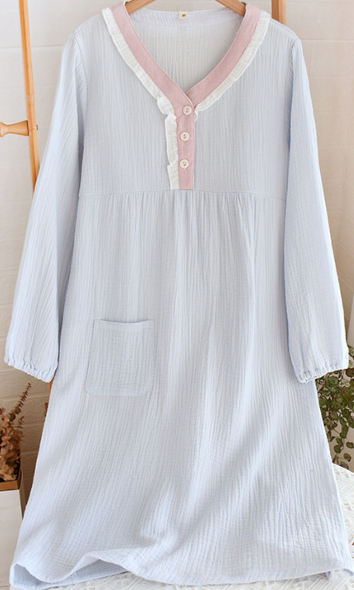Cloud Whisper Women’s Cotton Gauze Nightdress – Soft Blue with Pink Trim - SKU #21
