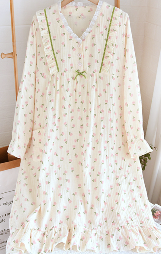 Rose Melody Nightdress – Pink Floral Cotton Crinkle Gauze - SKU#23