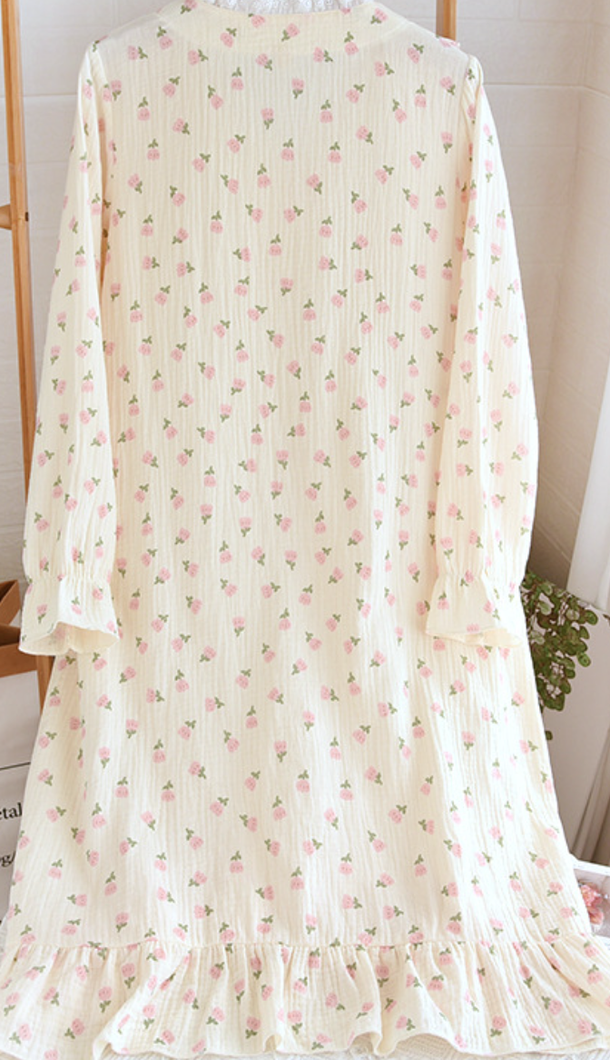 Rose Melody Nightdress – Pink Floral Cotton Crinkle Gauze - SKU#23