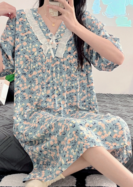 Vintage Blue Floral Nightdress – Soft Cotton Lounge & Sleepwear - SKU#28