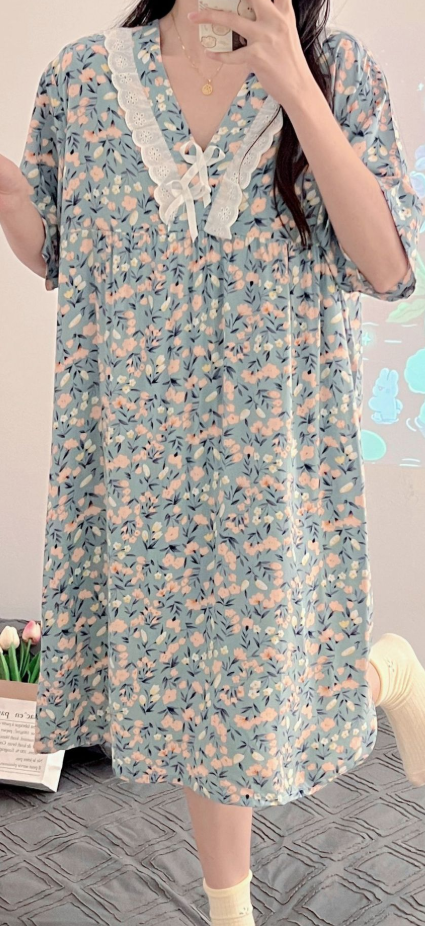 Vintage Blue Floral Nightdress – Soft Cotton Lounge & Sleepwear - SKU#28
